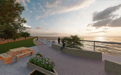 Rendering of people viewing the sunset from a waterfront overlook